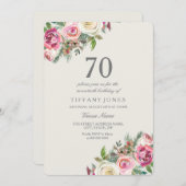 White Roses Elegant 70th Birthday Party Invite Kaart (Voorkant / Achterkant)