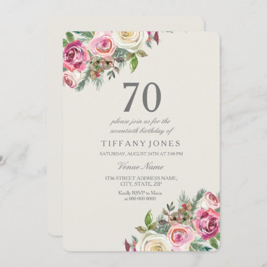 White Roses Elegant 70th Birthday Party Invite Kaart (Voorkant / Achterkant)