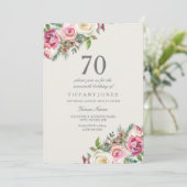 White Roses Elegant 70th Birthday Party Invite Kaart (Staand voorkant)