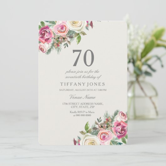 White Roses Elegant 70th Birthday Party Invite Kaart (Staand voorkant)