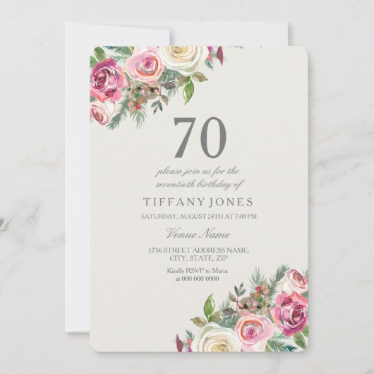 White Roses Elegant 70th Birthday Party Invite Kaart (Voorkant)