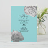 White Roses Elegant Floral Turquoise Blue Wedding Kaart (Staand voorkant)