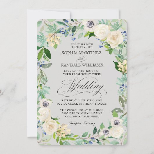 White Roses Elegant Floral Wedding Invitation Kaart (Voorkant)