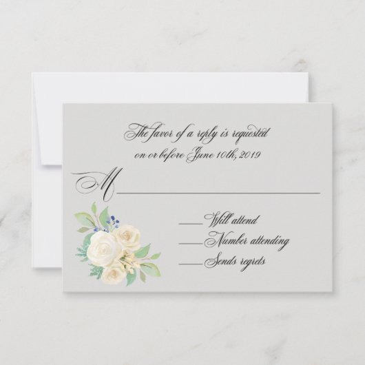 White Roses Elegant Floral Wedding RSVP Kaartje (Voorkant)