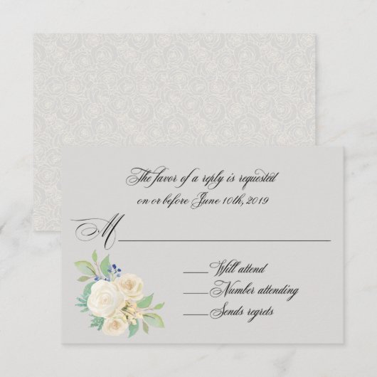 White Roses Elegant Floral Wedding RSVP Kaartje (Voorkant / Achterkant)