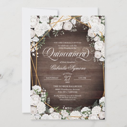 White Roses Elegant Rustic Wood Floral Quinceañera Kaart (Voorkant)