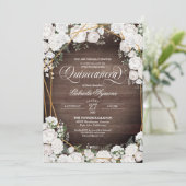 White Roses Elegant Rustic Wood Floral Quinceañera Kaart (Staand voorkant)