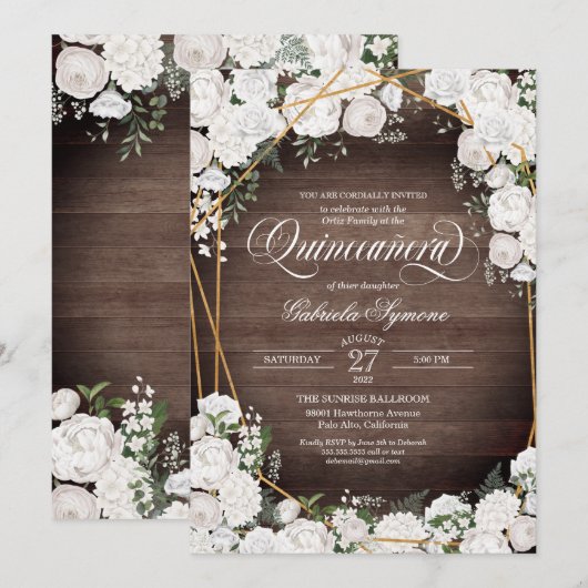 White Roses Elegant Rustic Wood Floral Quinceañera Kaart (Voorkant / Achterkant)