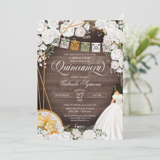 White Roses Elegant Western Charro Quinceanera Kaart (Staand voorkant)