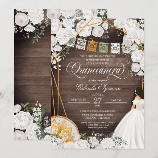 White Roses Elegant Western Charro Quinceanera Kaart (Voorkant / Achterkant)