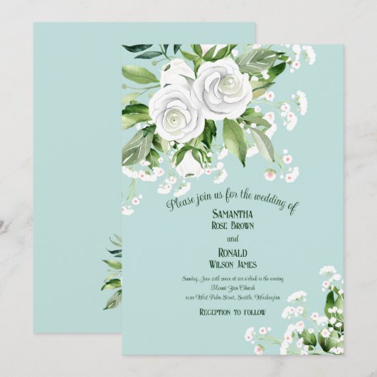 White Roses en Baby's Breath op Bleke Blauwe Bruil Kaart (Voorkant / Achterkant)