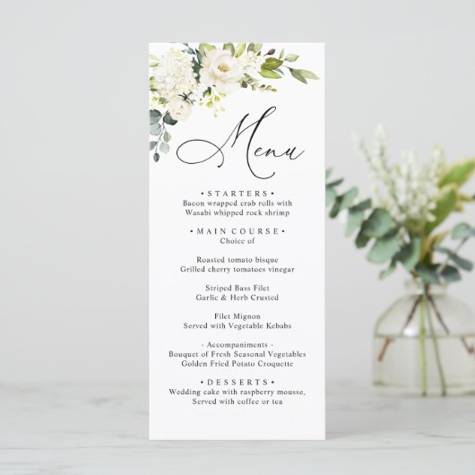 White Roses Eucalyptus Greenery Wedding Dinner Menu (Staand voorkant)