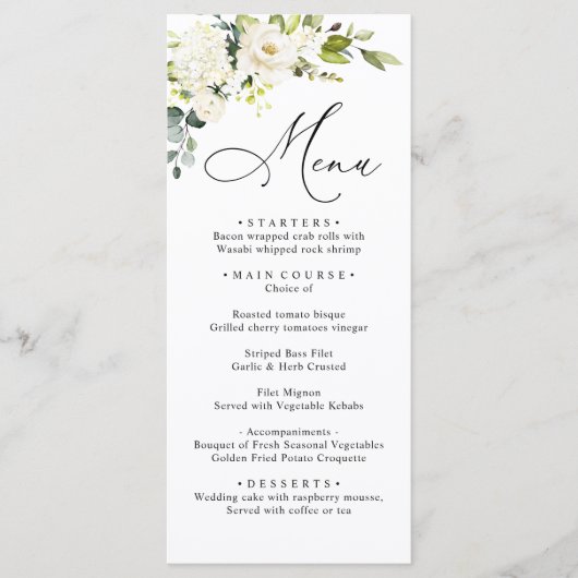 White Roses Eucalyptus Greenery Wedding Dinner Menu (Voorkant)