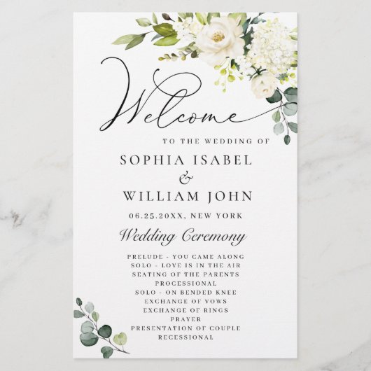 White Roses Eucalyptus Wedding Ceremony Programme (Voorkant)