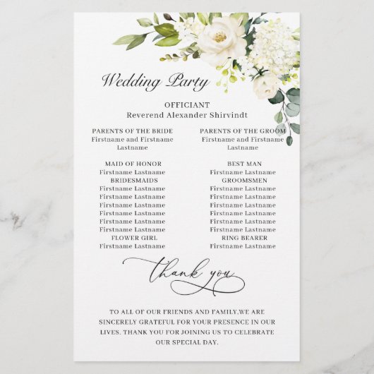 White Roses Eucalyptus Wedding Ceremony Programme (Achterkant)