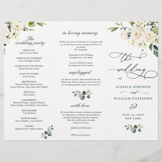White Roses Eucalyptus Wedding Ceremony Programme (Voorkant)