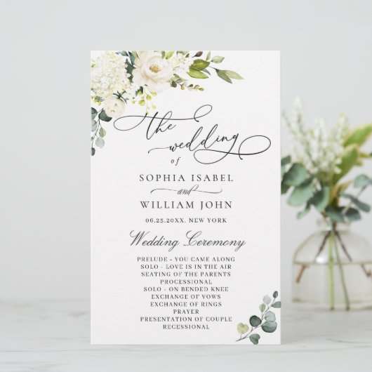 White Roses Eucalyptus Wedding Ceremony Programme (Staand voorkant)