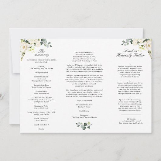 White Roses Eucalyptus Wedding Ceremony Programme Kaart (Achterkant)