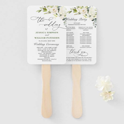 White Roses Eucalyptus Wedding Programme Handje Fa Handwaaier (Voorkant en achterkant)