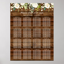 White Roses Floral 16 Tables Wedding SEATING CHART Poster