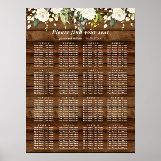 White Roses Floral 16 Tables Wedding SEATING CHART Poster (Voorkant)