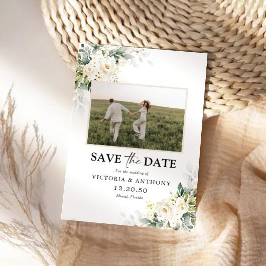 White Roses Floral Bewaar De Datum Met Foto Save The Date