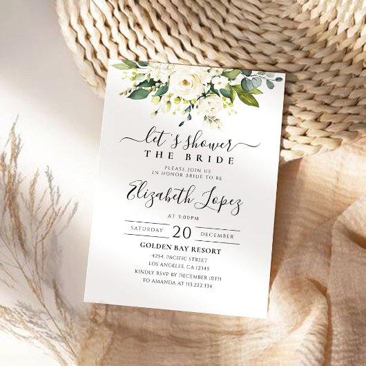 White Roses Floral Bridal Shower Invitation Kaart
