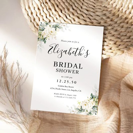 White Roses Floral Bridal Shower Invitation Kaart