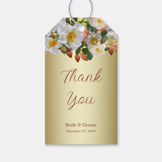 White Roses Floral Gold Gift Label Cadeaulabel (Voorkant)