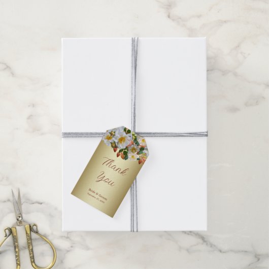 White Roses Floral Gold Gift Label Cadeaulabel (Met Touw)