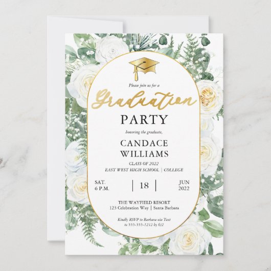 White Roses Floral Gold Lijst Graduparty Kaart (Voorkant)