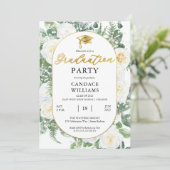 White Roses Floral Gold Lijst Graduparty Kaart (Staand voorkant)