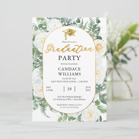 White Roses Floral Gold Lijst Graduparty Kaart (Staand voorkant)