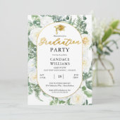 White Roses Floral Gold Lijst Graduparty Kaart (Staand voorkant)