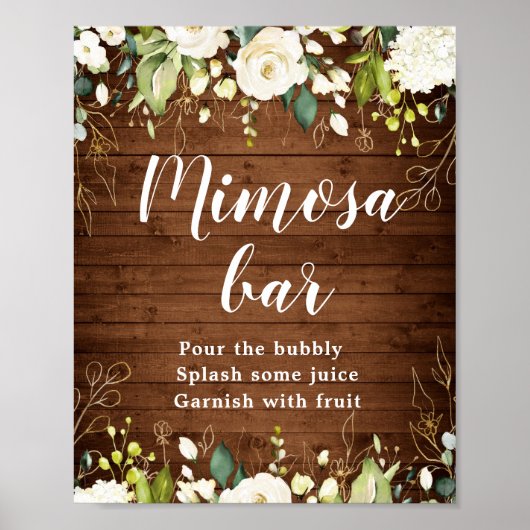 White Roses Floral Greenery Mimosa Bar Poster (Voorkant)