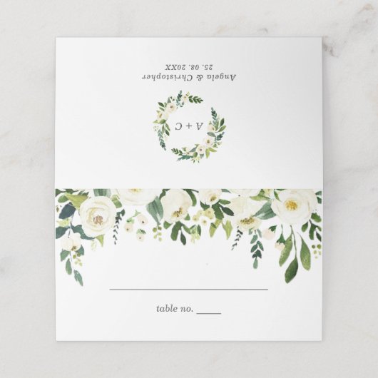 White Roses Floral Greenery Wedding Place Card Plaatskaartje (Buitenkant ongevouwen)