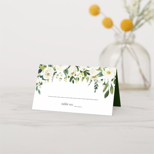 White Roses Floral Greenery Wedding Place Card Plaatskaartje (Voorkant)