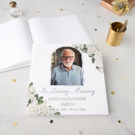 White Roses Floral Memorial Begrafenisfoto Zilver Gastenboek