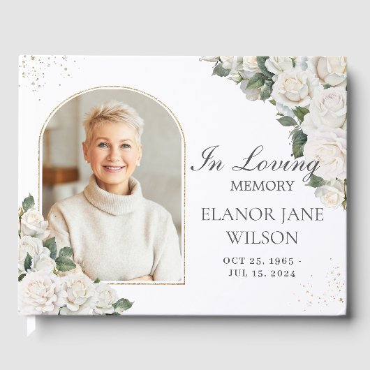 White Roses Floral Memorial Funeral Foto Afbeeldin Gastenboek (Voorkant)