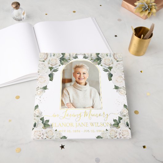 White Roses Floral Memorial Funeral Foto Afbeeldin Gastenboek (Voorkant open)