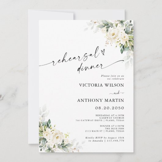 White Roses Floral Rehearings Dinner Invitation Kaart (Voorkant)