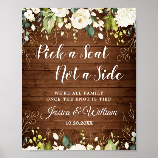 White Roses Floral Wedding Ceremony Seating Poster (Voorkant)