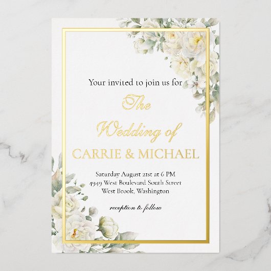 White Roses Foil Wedding Invitation Folie Uitnodiging (Voorkant)