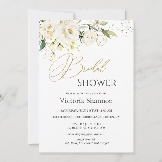 White Roses Foliage Bridal Shower Invitation Kaart (Voorkant)