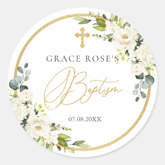 White Roses Foliage Cross Baptism Sticker (Voorkant)