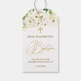 White Roses Foliage Cross Baptisme Cadeaulabel