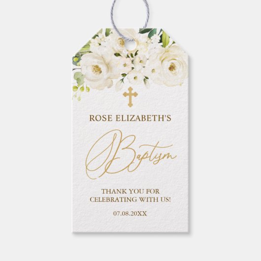 White Roses Foliage Cross Baptisme Cadeaulabel (Voorkant)