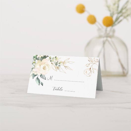 White Roses Foliage Wedding Folded Place Card Plaatskaartje (Voorkant)