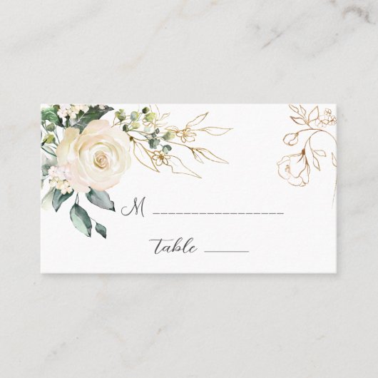 White Roses Foliage Wedding Folded Place Card Plaatskaartje (Voorkant)