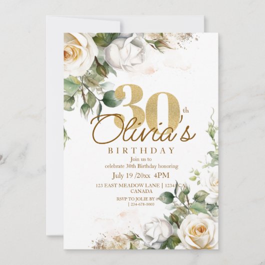 White Roses & Gold Dusty Floral 30th Birthday Kaart (Voorkant)